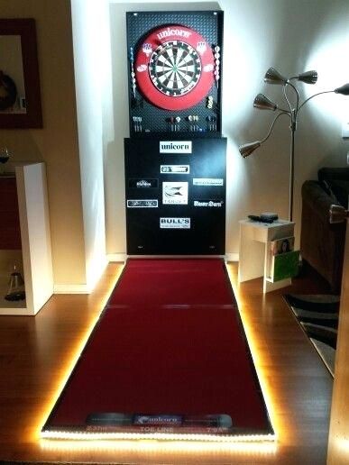 Design-12-Dedicated Enthusiast Dart Set Up, Darts Setup, Dartboard Stand Diy, Dartboard Cabinet Diy, Dartboard Ideas, Dartboard Setup, Dartboard Backboard, Dart Board Wall, Garage Game Rooms