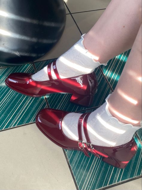 Red Shoes Coquette, Red Shoe Aesthetic, Outfits With Red Mary Janes, Cherry Red Mary Janes, Red Socks Aesthetic, Wine Red Shoes, Red Aesthetic Shoes, Cherry Aesthetics Outfit, Cherry Red Fashion