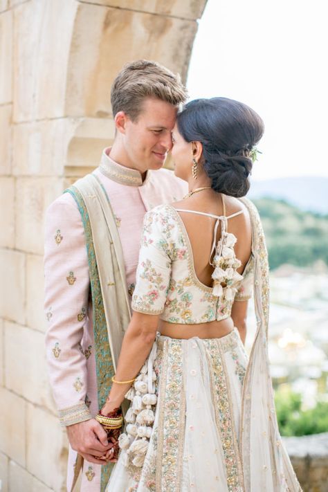 Bridal Picnic Outfit, Indian American Fusion Wedding, Indian American Wedding Fusion, Fusion Wedding Indian, Indian Garden Wedding, American Indian Wedding, White Indian Wedding Dress, Asian Fusion Wedding, Indian American Weddings