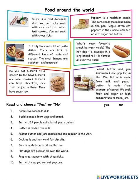 World food exercise Food Lessons, Food From Different Countries, Reading Comprehension For Kids, Food World, Food Film, Food Vocabulary, English Teaching Materials, Reading Food Labels, Learning English For Kids