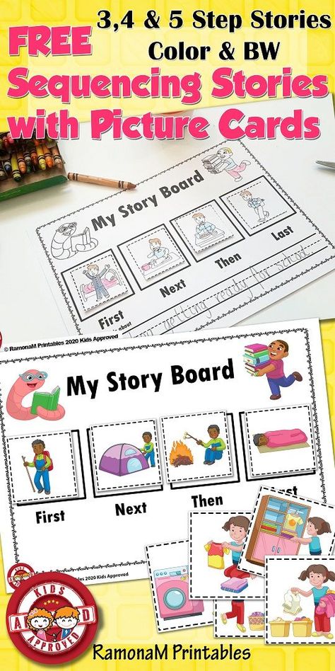 FREE 3 step sequencing stories with picture cards. These sequencing boards and story cards are a fun, hands on and engaging way for the young learner to practice their sequencing skills. Also have 4 and 5 steps and 15 stories available.  #ramonaM #ramonamprintables #kidsapproved #sequencing #sequencingstories #education #literacy Sequence Story Pictures Free Printable, Sequencing Story Cards Free Printable, Sequencing Story Activities, Tell A Story With Pictures, Story Sequence Pictures For Kids, 3 Step Sequencing, Sequencing Activities Preschool, Sequencing Kindergarten, Story Sequencing Pictures