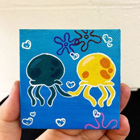 Spongebob Jellyfish Painting, Painting Spongebob, In Love Painting, Spongebob Jellyfish, Jellyfish Painting, Spongebob Painting, Trippy Painting, Small Canvas Paintings, Hippie Painting