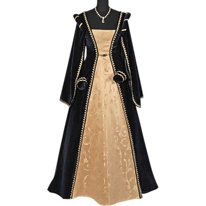 Courtly Renaissance Dress - Blue and Gold Gown Queen, Tudor Gown, Gaun Abad Pertengahan, Tudor Dress, Queen Of Spain, Tudor Costumes, Medieval Gown, Royal Clothing, Old Fashion Dresses