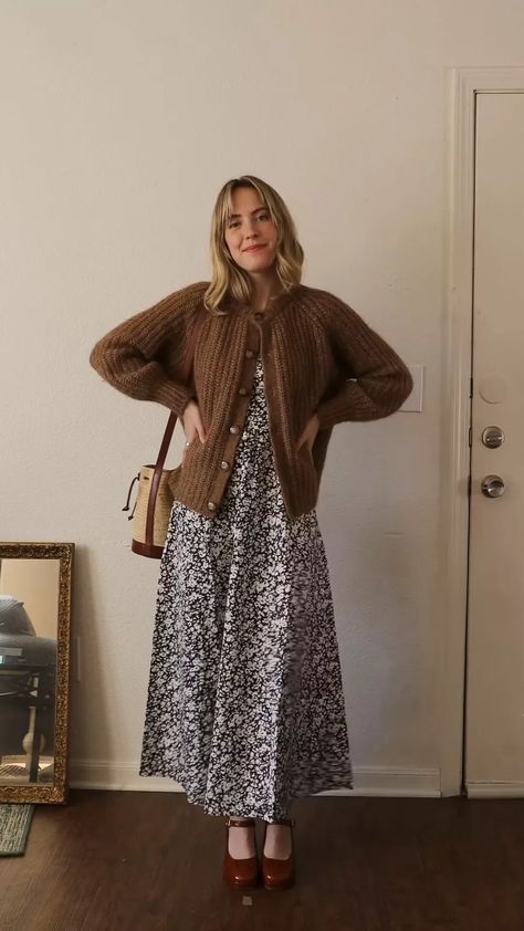 thesunalsoreads on LTK Floral Skirt And Sweater Outfit, Minimal Colorful Outfit, Modern Jo March Outfit, Dress And Sweater Combo, Winter Floral Dress Outfit, High Tea Winter Outfit, Jamie Sullivan Outfits, Sweatshirt And Dress Outfit, Outfit Inspo Teacher