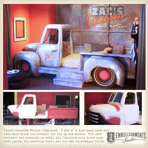 Can You Build A Boys Twin Truck Bed ... Garage Theme Bedroom, Boys Truck Bedroom, Kids Truck Bed, Truck Toddler Bed, Garage Theme, Truck Garage, Truck Bedroom, Toddler Bedroom Ideas, Diy Toddler Bed