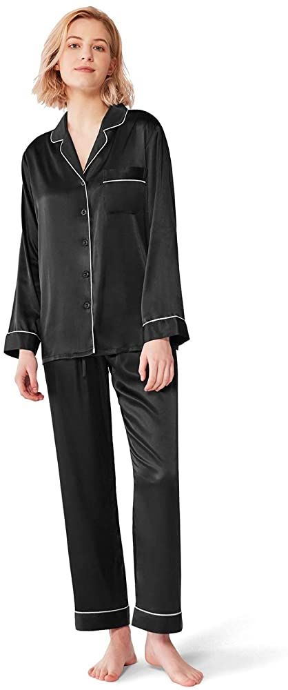 SIORO Womens Silky Satin Pajamas Set Sleepwear Loungewear Button Down Pijamas Long Sets, Black, Small at Amazon Women’s Clothing store Pjs For Women, Silk Loungewear, Satin Pjs, Silk Pjs, Silky Pajamas, Satin Pj Set, Silk Pajamas Women, Black Pajamas, Silk Nightwear