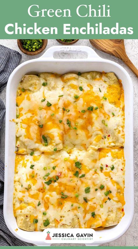 Indulge in my flavorful green chili chicken enchiladas recipe! Stuffed with tender chicken, melty cheese, and a zesty green chili sauce, this dish is the ultimate comfort food. Perfect for dinner or meal prep, these enchiladas are a crowd-pleaser! #enchiladas #chickenrecipes #mexicanfood via @foodiegavin Hatch Chili Chicken Enchiladas, Green Chili Cream Cheese Enchiladas, Chicken With Green Chilis, Green Chili Chicken Enchiladas Recipe, Cottage Cheese Chicken Enchiladas, Chicken Enchiladas With Green Sauce Easy, Enchiladas Chicken Green, Chicken And Green Chili Recipes, Chicken Chili Relleno Casserole