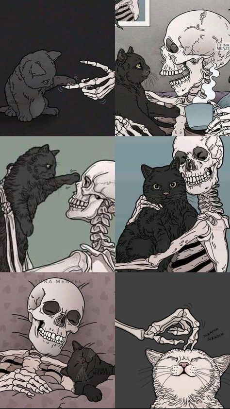 Cartoon Skeleton Wallpaper, Grunge Cat Wallpaper, Skeleton Love Wallpaper, Cat Background Aesthetic, Women Wallpaper Aesthetic, Edgy Wallpaper Desktop, Cat Skeleton Tattoo, Skeleton Pics, Good Phone Backgrounds