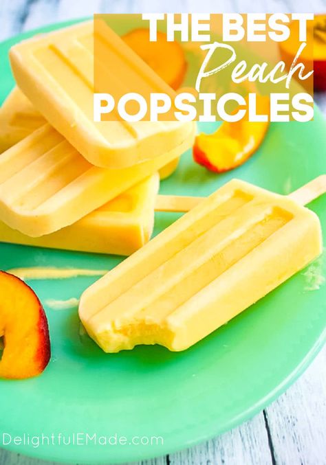 The BEST Peach Popsicles | EASY 3-Ingredient Peach Pops Peach Ice Pops, Yogurt Popsicle Recipes, Peach Frozen Yogurt, Strawberry Kiwi Smoothie, Gourmet Popsicles, Frozen Yogurt Pops, Peach Popsicles, Frozen Yogurt Popsicles, Diy Smoothies