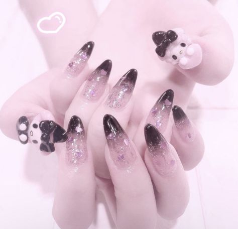 Kawaii Nails Black, Jirai Nails, Jirai Kei Nails, Girly Kei, Retro Nails, Asian Nails, Really Cute Nails, Jirai Kei, Kawaii Nails