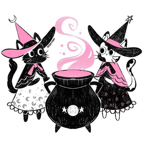 ilustrisa_ Witch Inktober, Witch Cats, Inktober 2023, Halloween Greeting Card, Witch Cat, Halloween Illustration, Halloween Images, Halloween Cartoons, Pink Halloween