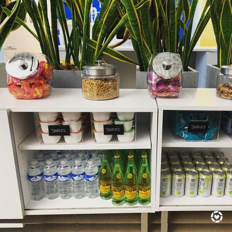 Corporate Snack Station, Conference Room Snack Bar, Office Snack Bar Ideas Coffee Stations, Classroom Snack Bar Ideas, Snack Area In Salon, Office Candy Bowl Ideas Desks, Coffee Station Work Offices, Staff Snack Station, Breakroom Snack Ideas