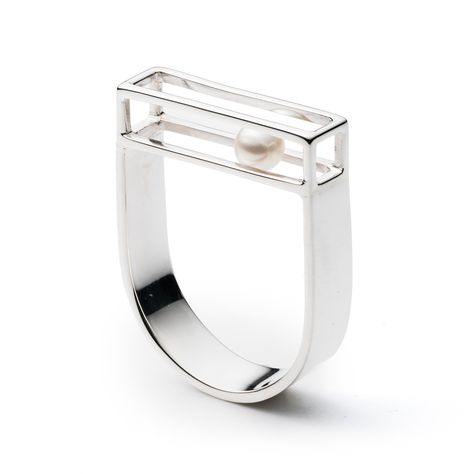 Horizontal Cage Ring by Patricia Madeja (Silver & Pearl Ring) | Artful Home Modern Metal Jewelry With Ring Detail, Classy Silver Jewelry, Contemporary Silver Ring With Unique Design, Unique Silver Pearl Ring, Jewellery Art, Hollow Form Ring, Hollow Form Jewelry, Pearl Ring Contemporary, Unique Sterling Silver Pearl Ring