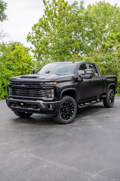 Custom 2024 Chevy Silverado with a satin black wrap and other accessory upgrades. Silverado Truck Interior, All Black Chevy Silverado, Custom Chevy Silverado, 2024 Chevy Silverado Ev, Blacked Out Truck, All Black Truck, Black Chevy Truck, Matte Black Truck, Black Pickup Truck