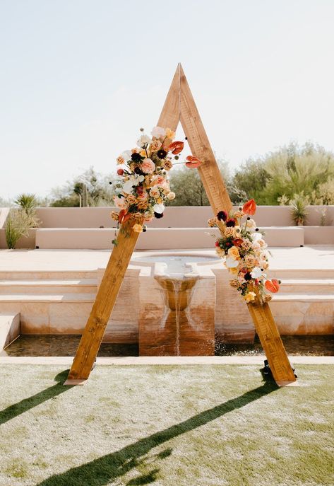 boho triangle arbor Destination Wedding Four Seasons Scottsdale Boho Wedding Triangle Arch, Triangle Floral Arch, Fall Triangle Arch, Triangle Arbor With Flowers, Triangle Altar Wedding, Triangle Arbor Wedding, Triangle Arch Flowers, Wooden Triangle Arch, Triangle Wedding Arbor