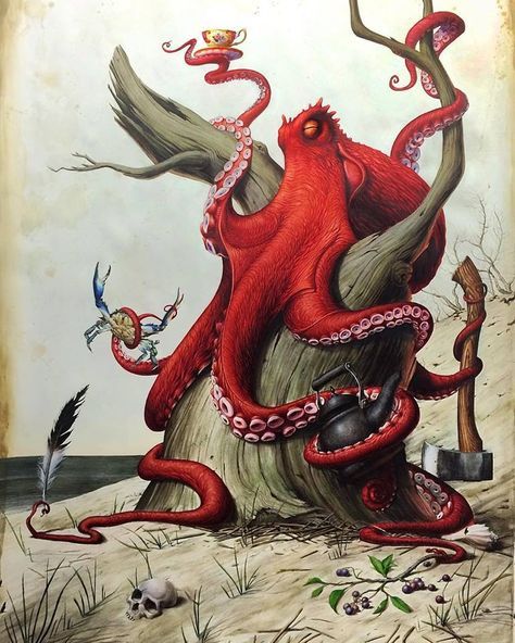 Meet me in the Dark, Twisted & whimsical adventures of Victor Grasso's paintings! Another self-taught artist that has captivated me this year, Grasso's work is mysterious, deep and completely s... Octopus Drawing, Inktober 2023, Octopus Tattoos, Arte 8 Bits, Octopus Art, Group Therapy, Desenho Tattoo, Art Et Illustration, Ocean Art