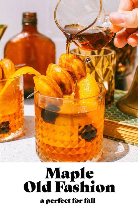 This Maple Old Fashioned Cocktail is a moody autumnal twist on the classic. Maple syrup mixed with bitters pairs so perfectly with smooth and smoky bourbon. Mix this cocktail up and pour it over ice for a delicious way to end your fall days. Maple Old Fashioned, Apple Cider Whiskey, Brunch Sweets, Bourbon Maple Syrup, Maple Donuts, Bourbon Smash, Maple Recipes, Salted Pretzel, Cherry Cocktail