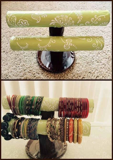 DIY  bangle stand made using paper towel and toilet rolls!!! Bangle Stand, Bracelet Stand, Diy Jewelry Display, Paper Towel Rolls, Toilet Paper Roll, Toilet Roll, Jewelry Display, Pop Up Shop, Jewellery Display