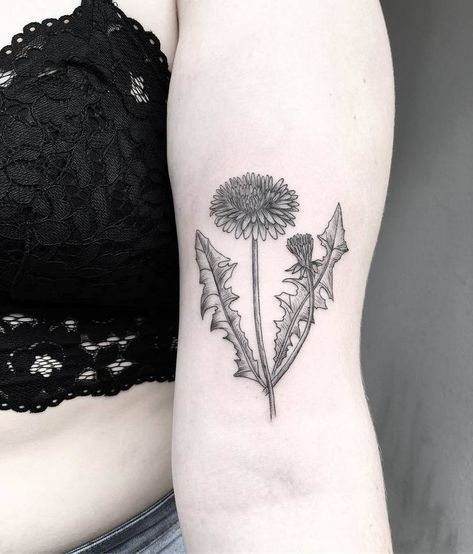 Dandelion Tattoo by Mary Tereshchenko Dandelion Tattoo Meaning, Botanical Tattoo Design, Dandelion Tattoo Design, Thistle Tattoo, Matching Sister Tattoos, Dandelion Tattoo, Feather Tattoo Design, Lace Tattoo, Botanical Tattoo