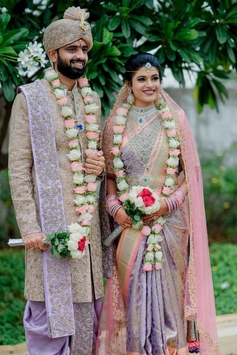 Bridegroom Outfits, Groom Indian Wedding Outfits, Indian Wedding Reception Outfits, Wedding Matching Outfits, Wedding Reception Outfit, Bride And Groom Outfits, Bridal Sarees South Indian, Couple Wedding Dress, Indian Wedding Outfit