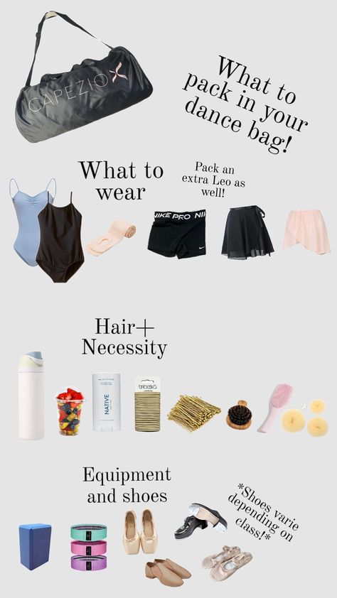 What to pack in your dance bag!🫶🩰 Hope this helped! BTW I'm a dancer 🩰🔛🔛 Things To Keep In Your Dance Bag, Dance Recital Packing List, What To Put In Dance Bag, What To Pack In A Dance Bag, What To Put In Your Dance Bag, Ballet Bag Essentials, Whats In My Dance Bag, Dance Necessities, Dance Bag Essentials