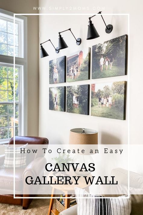 Wireless Wall Sconces, Family Room Wall, Canvas Gallery Wall, Family Room Makeover, Family Room Walls, Farmhouse Crafts, Photo Wall Gallery, Easy Canvas, Portrait Wall