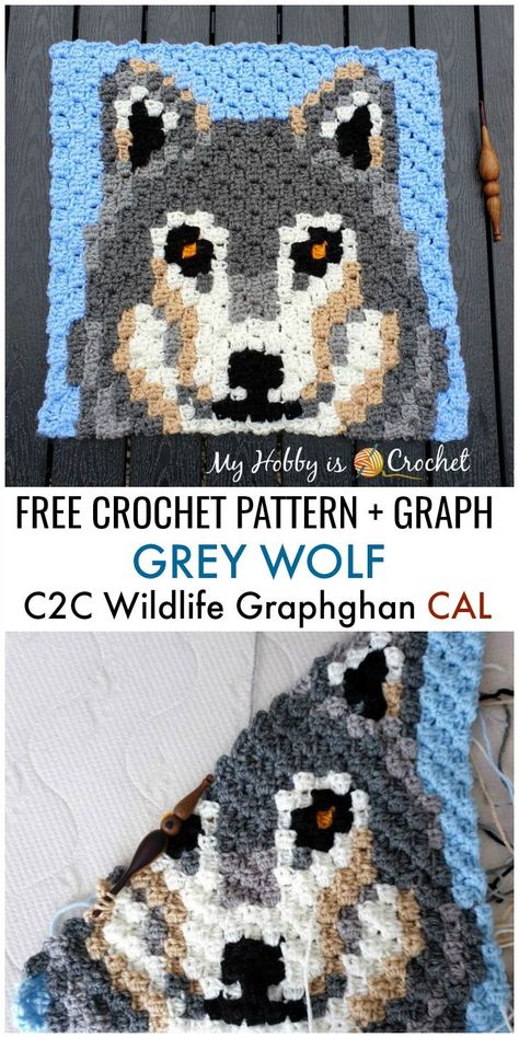 Square 6 of the Wildlife Graphghan CAL is this beautiful C2C grey wolf. Use it together with all the other animal squares to make a lovely blanket or make this square only and  turn it into a pillow case.  ..#crochet #freecrochetpattern #c2ccrochet #pixelart #redheartyarns Crochet Pattern Graph, Crochet Wolf, Cal Crochet, Crochet C2c Pattern, C2c Blanket, C2c Crochet Pattern Free, Corner To Corner Crochet, C2c Crochet, Haken Baby