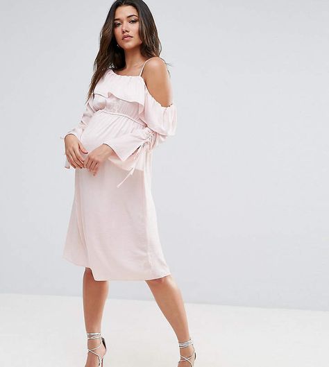 Asos Maternity One Shoulder And Ruched Sleeve Detail Midi Dress Maternity Party Outfit, Dresses For Pregnant Women, Maternity Midi Dress, Asos Maternity, Ruched Sleeve, Nursing Dress, Lace Bodycon Dress, Pink Midi Dress, Midi Maxi Dress