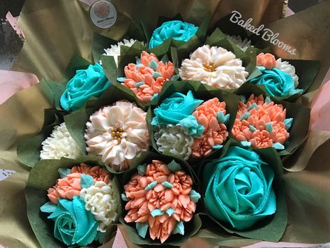 Teal and Coral Thank You bouquet www.bakedblooms.com Coral Cupcakes, White Wedding Cupcakes, Peach Cupcakes, Cookie Bouquets, Succulent Cupcakes, Bouquets Ideas, Coral Wedding Flowers, Cupcake Cream, Cupcake Bouquets