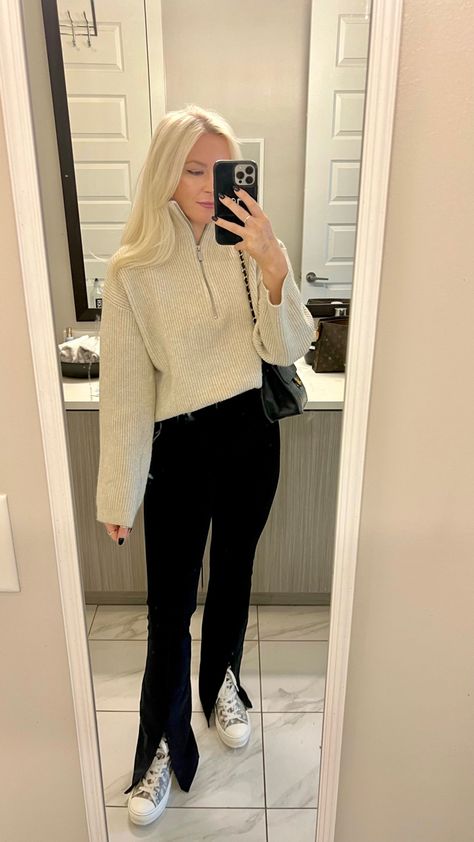 Dior High Tops Outfit, Zip Hem Leggings Outfit, Split Hem Leggings Outfit Winter, Split Hem Flare Leggings Outfit, Split Front Leggings Outfit, Split Flare Leggings Outfit, Dior High Top Sneakers Outfit, Split Legging Outfit, Sweater Outfit For Work