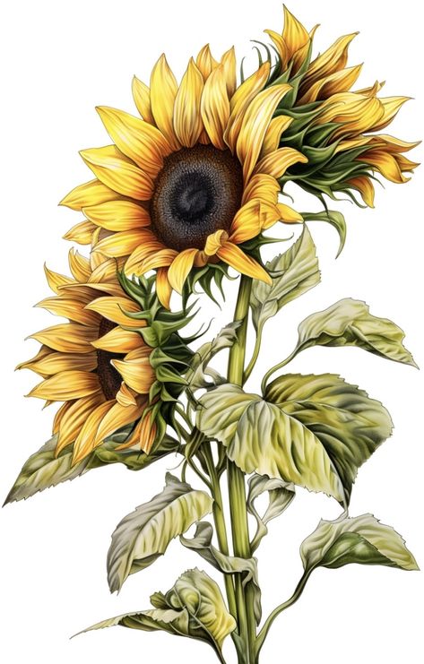 Drawing Flowers Sunflower, Two Sunflowers Drawing, Sunflower Digital Art, Bouquet Of Sunflowers Drawing, Digital Art Sunflower, Sunflower Sketch Aesthetic, Sunflower Botanical Illustration, Colored Pencil Artwork Ideas, Sunflower Sketches