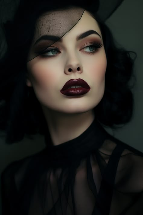 1930s Glam Makeup, Dark Makeup For Wedding, Lilith Inspired Makeup, Flapper Inspired Makeup, Noir Makeup Looks, Dark Makeup Wedding Looks, Scottish Makeup Looks, Cool Black Makeup, Dark Goth Makeup Looks