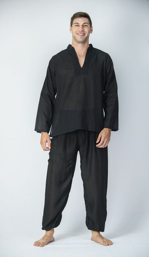 Soft Cotton Yoga Shirts – Harem Pants Pajamas Men, Thailand Outfit, Arab Men Fashion, Thai Yoga, Mens Yoga Clothes, Arabic Clothing, Mens Yoga, Men Loungewear, Black Harem Pants