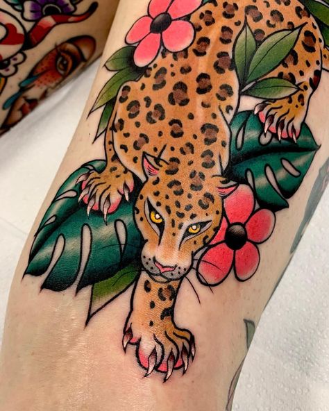 Leopard Leg Tattoo, Side Leg Tattoo, Traditional Panther Tattoo, Cheetah Tattoo, Jungle Tattoo, Big Cat Tattoo, Jaguar Tattoo, Red Dragon Tattoo, American Traditional Tattoo Ideas