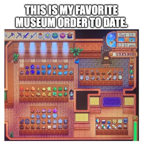 Stardew Valley Rainbow Museum, Museum Layout Stardew, Sdv Museum Layout, Museum Stardew Valley, Stardew Valley Museum Layout Rainbow, Stardew Museum Layout, Stardew Farm Design, Stardew Valley Character Design Ideas, Stardew Museum