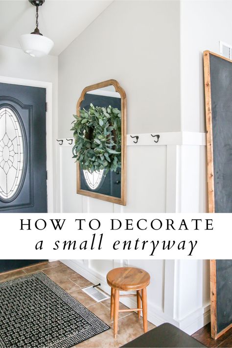 How to decorate a small entryway Small House Entry Living Room, Entryway When There Isnt One, Small Awkward Entryway Ideas, Small Colonial Entryway, Small Entry Hallway Decor, Small Foyer Ideas Entryway With Windows, Entryway Wall Behind Door, How To Decorate A Corner In Hallway, Storage Small Entryway