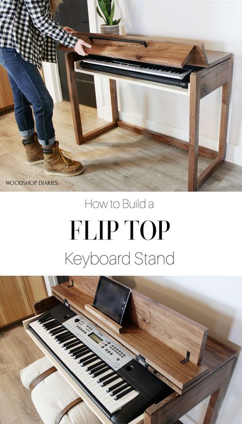 How to Build a DIY Keyboard Stand {Or Flip Top Writing Desk!} Diy Keyboard Stand, Drawer Diy, Diy Keyboard, Piano Desk, Pull Out Drawer, Keyboard Stand, Tables Diy, Diy Home Furniture, Diy Furniture Table