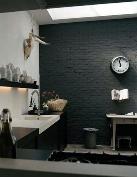 Amsterdam Kitchen. Stacked painted brick would be a beaufitul accent wall or backsplash | Black brick wall, Painted brick walls, Brick interior Painted Brick Wall, Ikea Black, Clock On The Wall, Black Brick Wall, Brick Interior, Interior Design Per La Casa, Gorgeous Houses, Black Brick, Casa Vintage