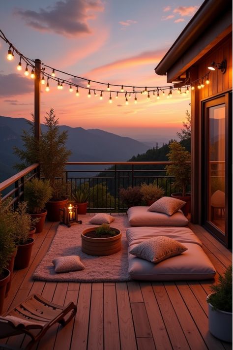 Cozy balcony with string lights, cushions, and plants at sunset Balcony Apartment Decor, Balcony With Plants, Zen Balcony, Angled Bedroom, Balcony Apartment, Easy Decor Ideas, Perfect Martini, Office Waiting Rooms, Modern Small Bathrooms