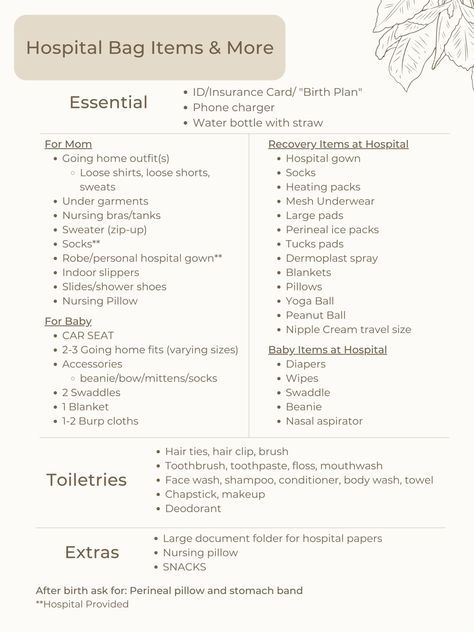 Some ideas on what to pack if you plan on staying in the hospital for a couple days and some items your hospital may provide! Hospital Bag Items, Tucks Pads, Peanut Ball, Nasal Aspirator, Bag Items, Shower Shoes, Hospital Gown, Going Home Outfit, Yoga Ball