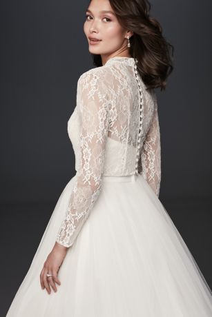 Long Sleeve Lace Mock-Neck Wedding Dress Topper | David's Bridal Mock Neck Wedding Dress, Wedding Dress Topper, Dress Topper, Bride Top, Elegant Bridal Gown, Neck Wedding Dress, Davids Bridal Wedding Dresses, Bridal Bolero, Wedding Jacket