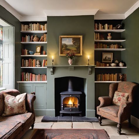 Study Room Fireplace, Snug With Log Burner, Cottage Snug Room, Fireplace Study Room, Green Living Room Fireplace, Alcove Library, Miniature Booknook, Narrow Fireplace, Color In Interior Design