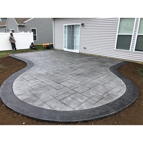 Stamped Concrete Patio Front Of House, Raised Cement Deck, Back Patio Cement Ideas, Concrete Patio Ideas Small Backyard, Concrete Patio Stamp Ideas, Stamped Concrete Patio Off Deck, Pored Concrete Patios, Stamped Concrete With Fire Pit, Concrete Ideas Backyard