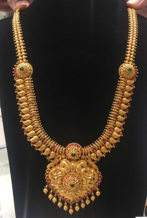 Manga Malai Gold Jewellery Designs, Manga Malai Gold, Manga Malai, Lakshmi Jewellery, Mango Haram, Mango Mala, Manga Design, Haram Designs, Gold Haram