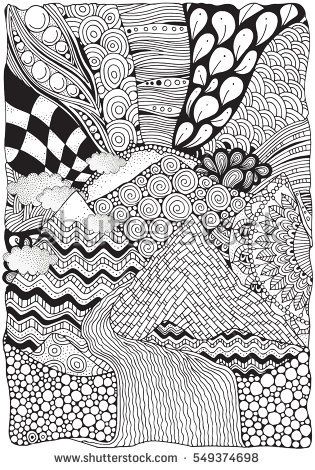 Black and white abstract fantasy picture. Mountains, sun and river. Pattern for coloring book. A4 size. Hand-drawn, ethnic, doodle, vector, zentangle, tribal design elements.  Zen art. Zentangle Zentangle Landscape, Flowers Mountain, Doodle Art For Beginners, Mountain Roads, Zen Doodles, Art Zentangle, Doodle Vector, Tangle Art, Zentangle Drawings