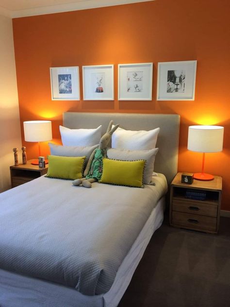 Orange Feature Wall Bedroom, Orange Grey Bedroom, Orange Accent Wall Bedroom, Orange Feature Wall, Orange Wall Paint, Orange Accents Living Room, Orange Bedroom Walls, Orange Accent Walls, Indian Bedroom Design