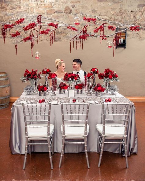 Rich red and silver wedding decoration. #wedding #ezeevents Red Grey Wedding, Red Silver Wedding, Grey Wedding Decor, Silver Wedding Decorations, Candle Table Centerpieces, Red And White Weddings, Red Wedding Theme, Grey Wedding, 25th Wedding Anniversary