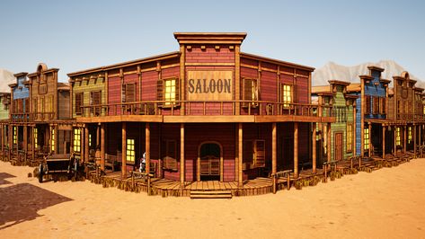 Stylized Western Town - Gerard Martínez, Gerard Martinez on ArtStation at https://www.artstation.com/artwork/lxQy3O Ghost Towns Of America, Cowboy Town, Wild West Outlaws, Old Western Towns, Pet Food Packaging, Old West Town, Western Games, Western Saloon, Planet Coaster