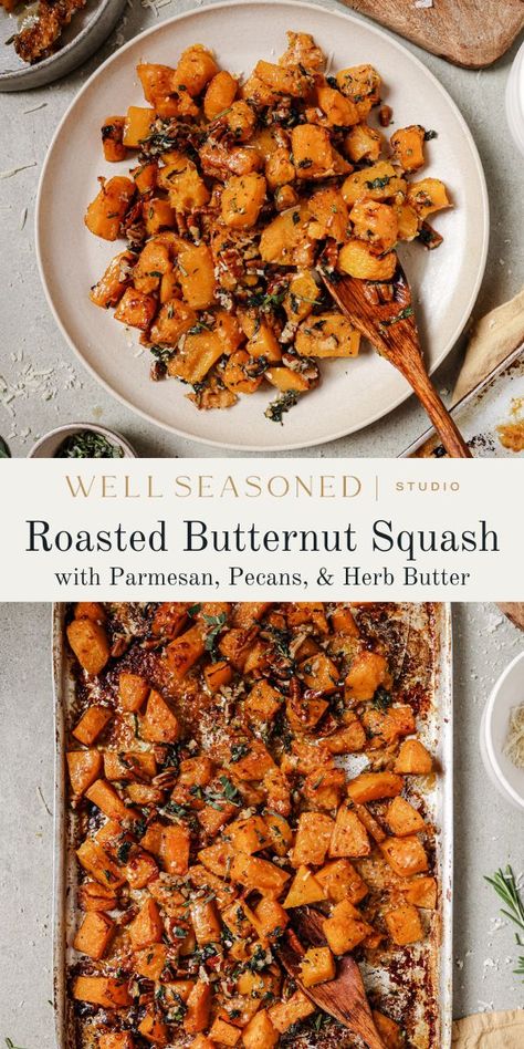 Looking for a veggie side dish with a little pizzazz? That may seem like a strange way to describe roasted butternut squash, but I kid you not this is a totally simple, yet elevated -- and better yet exciting! -- way to eat winter squash. Roasted until tender, then finished with a cheesy, herby, nutty crunchy topping. An instant favorite! #wellseasonedstudio #butternutsquash #roastedsquash #sidedish Butternut Squash Medley, Parmesan Roasted Butternut Squash, Garlic Parmesan Butternut Squash, Whipped Butternut Squash Recipes, Vegetarian Recipes Butternut Squash, Fried Butternut Squash Recipes, Butternut Squash Roasted Recipes, Butternut Squash Sides, Frozen Butternut Squash Recipes