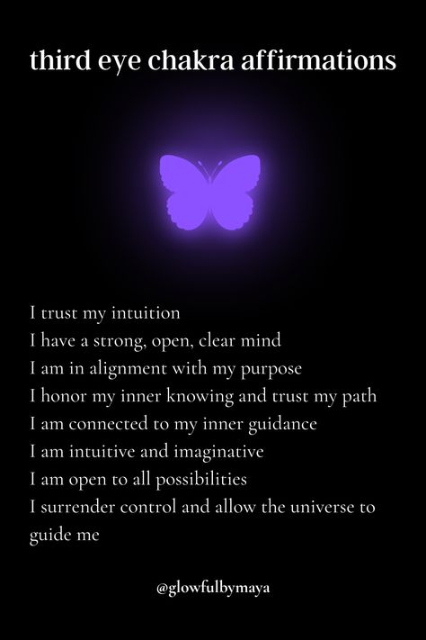 third eye chakra affirmations by glowfulbymaya [positivity grateful motivational happiness self love spirituality] Third Eye Chakra Aesthetic, 3rd Eye Chakra Affirmations, Third Party Removal Affirmations, Third Eye Affirmations, Chakra Questions, Spiritual Beginner, Third Eye Aesthetic, Eye Affirmations, Third Eye Chakra Affirmation